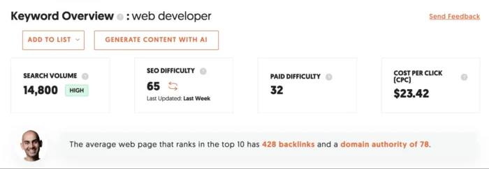Domain authority for "Web Developer" in Ubersuggest.