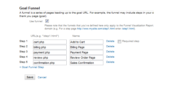 google analytics 5 goal funnel set up