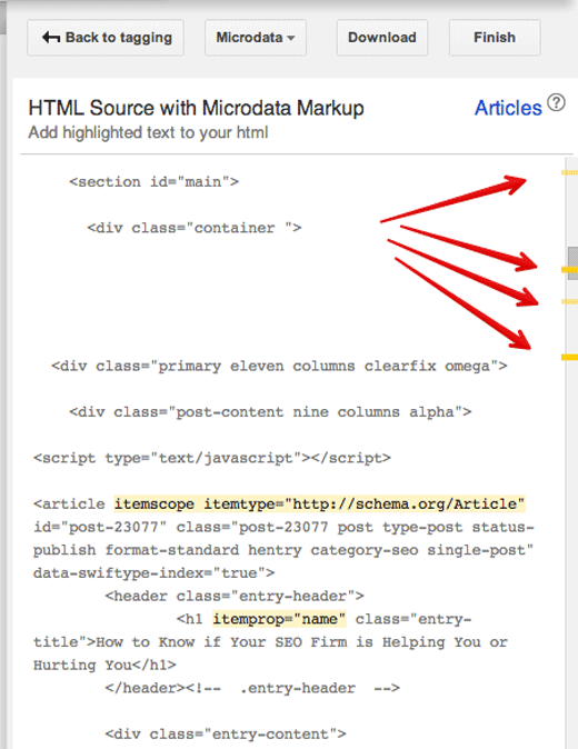 yellow bars that point to the correct markup schema