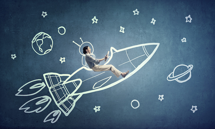 Woman flying rocket