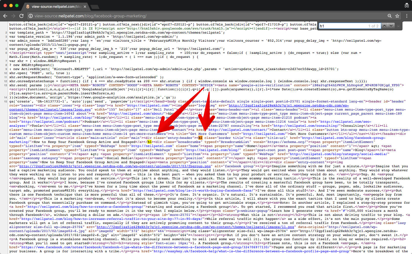 O Chrome destaca a h1 na página
