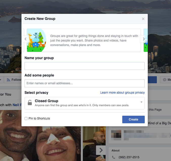 pop up para criação de novo grupo no facebook