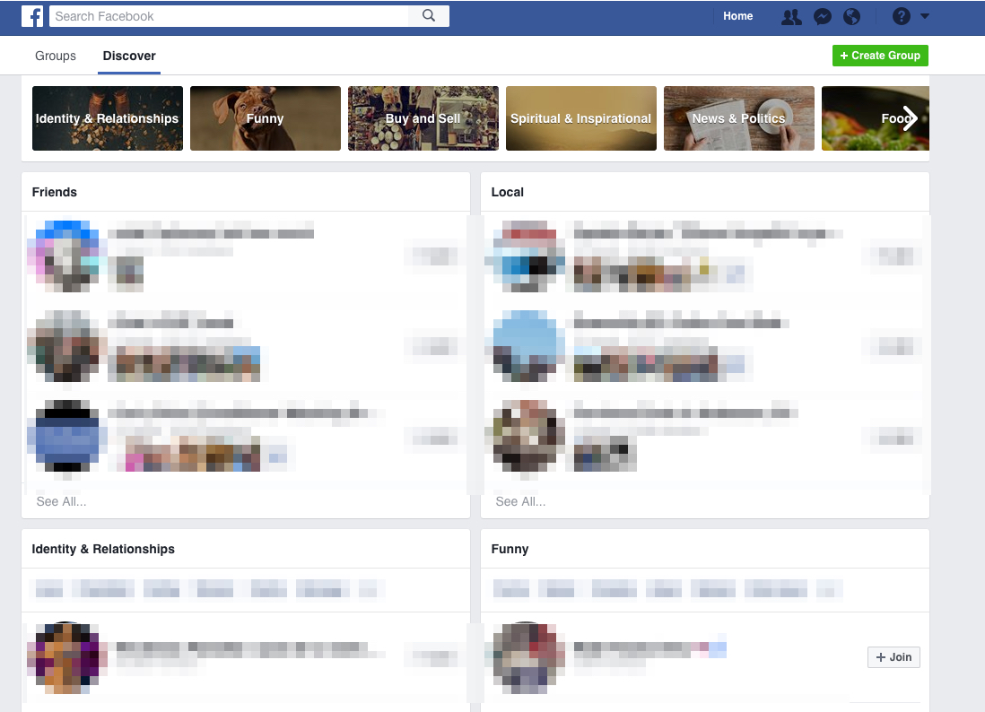tela de descoberta de grupos do Facebook