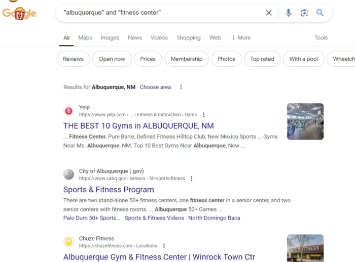 A Google search for albuquerque and fitness center.
