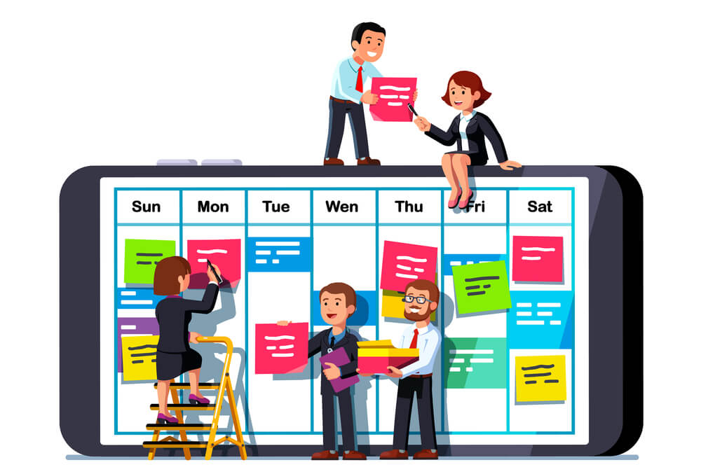 ilustração de esquema de scrum em smartphone junto de equipe
