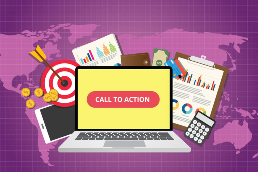 ilustração de mapa mundi no fundo de laptop e relacionados com tela sobre call-to-action