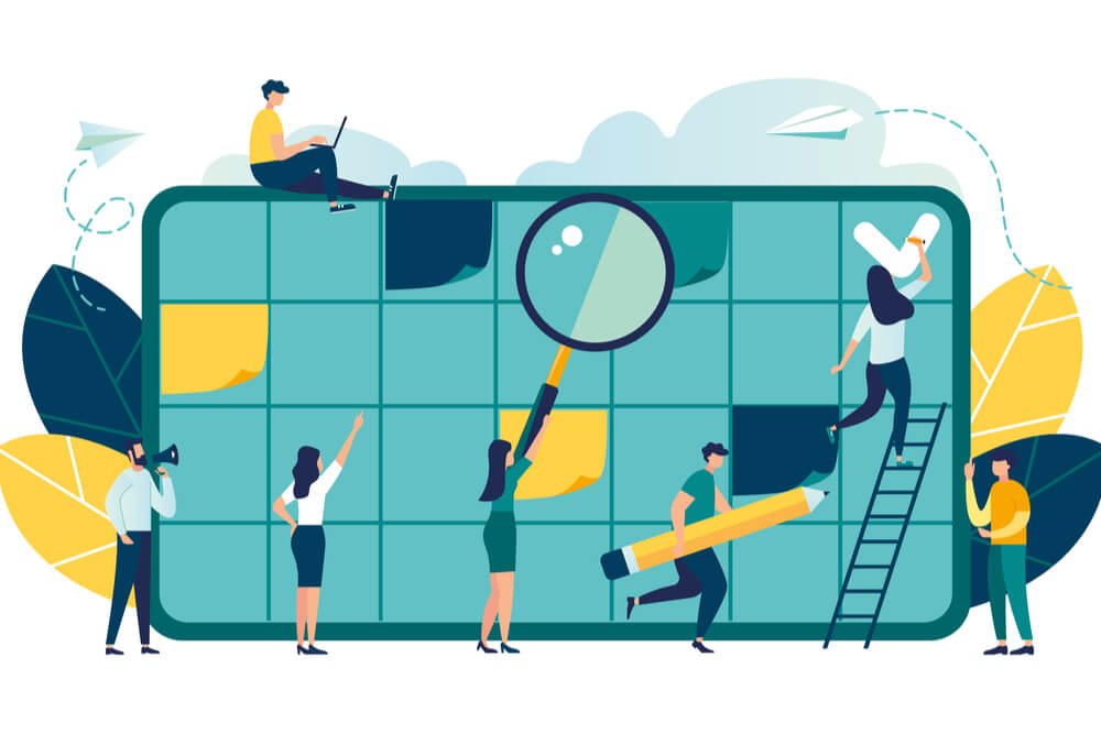 ilustração de calendário virtual e equipe fazendo manutenção
