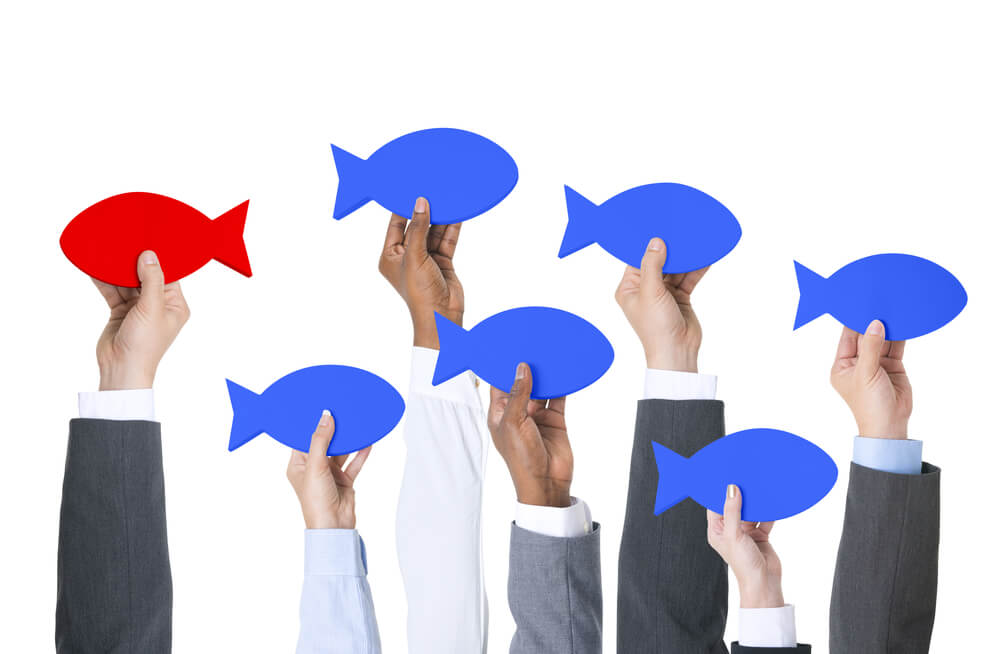 mãos segurando peixes azuis num sentido e um vermelho em outro