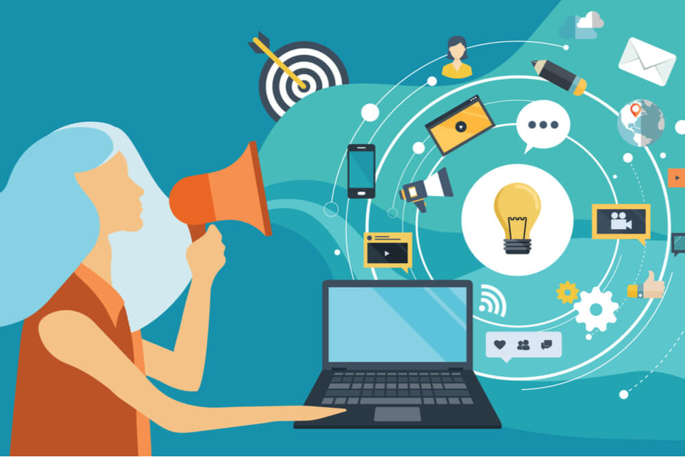 ilustraçao representando area de trabalho marketing com mulher usando megafone em frente a laptop e diferentes simbolos representando o marketing