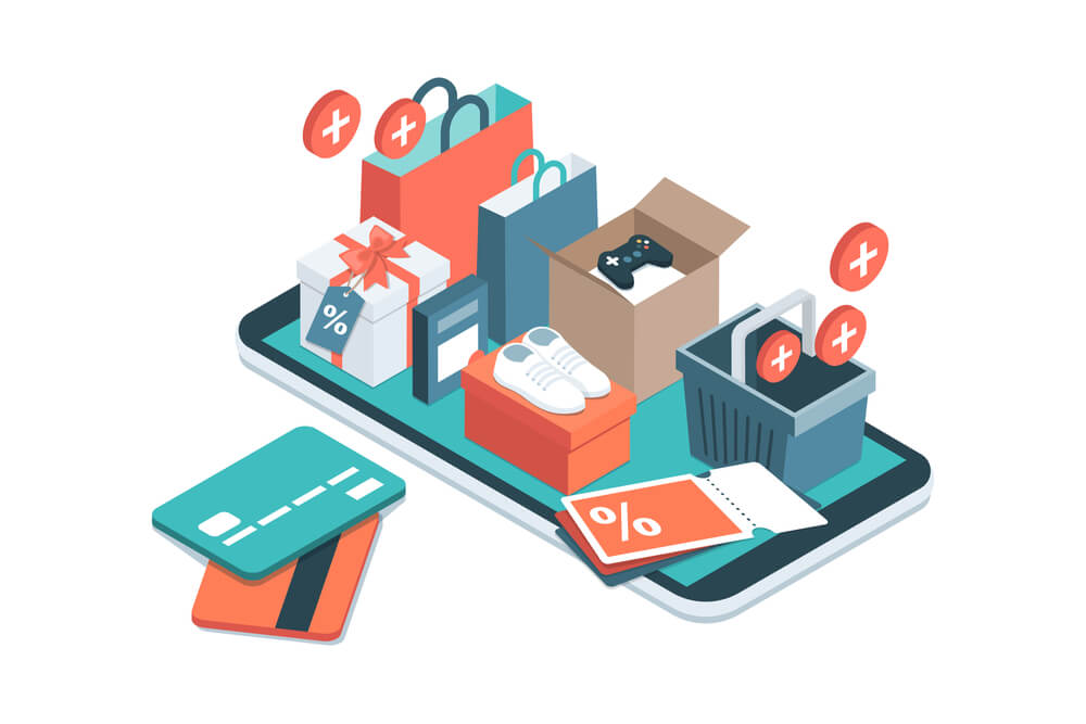 ilustraçao representando smartphone com produtos a venda sob o mesmo e cartões ao lado