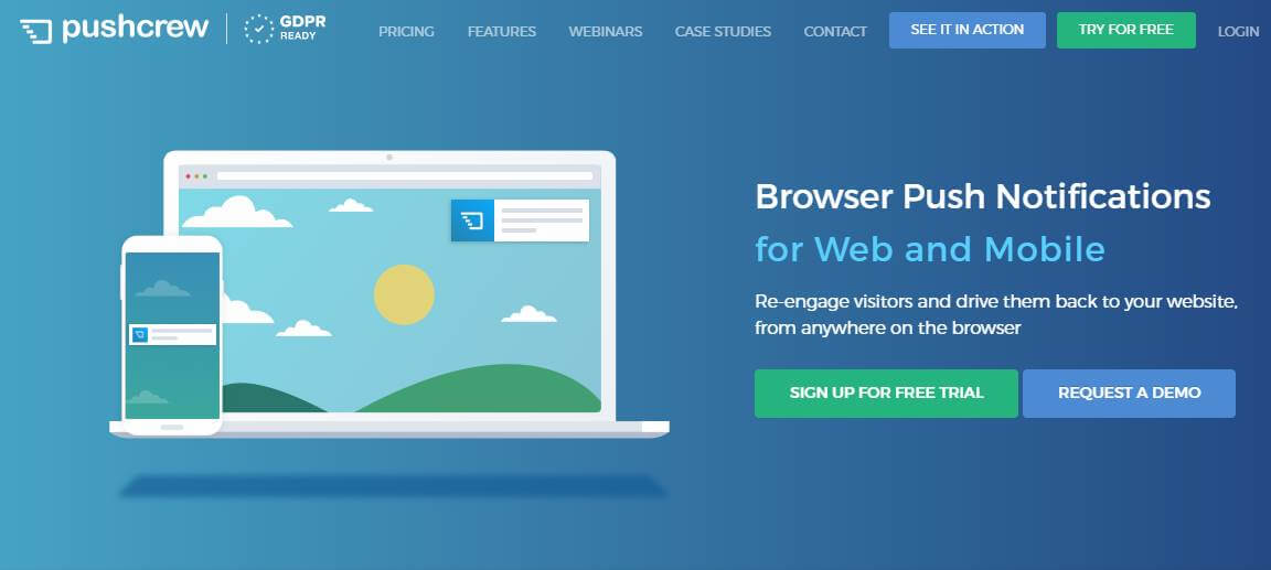 página inicial de site para criação de push notification PushCrew