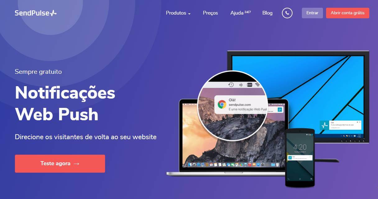 página inicial de site para criação de push notifications Send Pulse