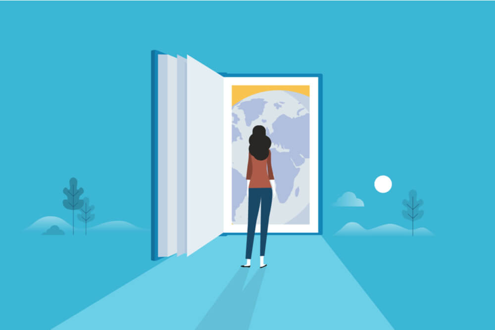 ilustração de estudante em frente de livro