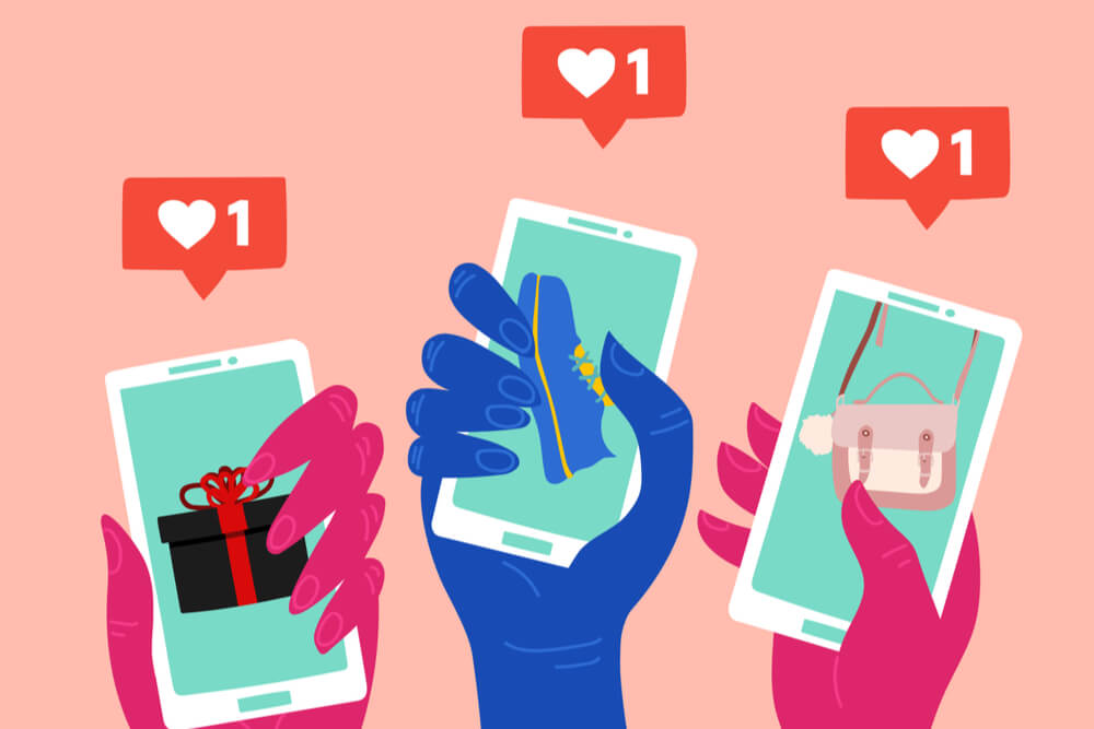 ilustraçao demonstrando maos segurando smartphones com simbolos de curtidas ao topo