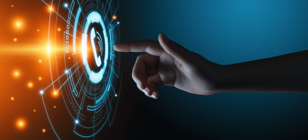 mão assinalando  símbolo de atendimento