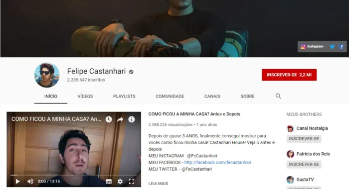 captura de tela de canal de felipe castanhari na plataforma youtube
