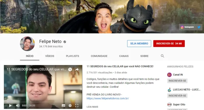captura de tela de canal de felipe neto na plataforma youtube
