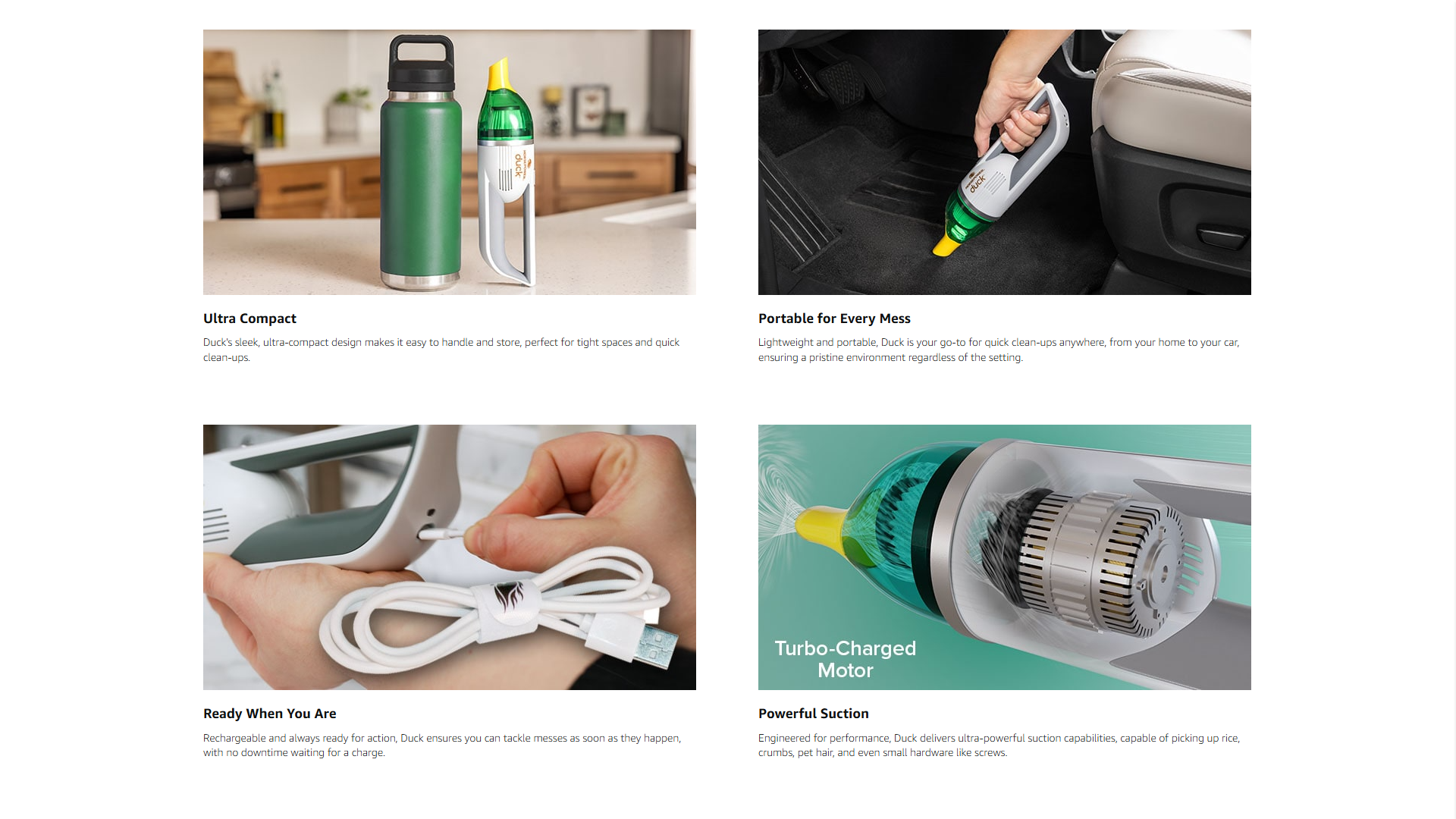 Product description with images for a compact cordless vacuum on Amazon. 