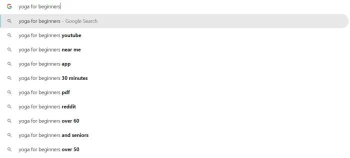 Yoga for beginners autocomplete results.