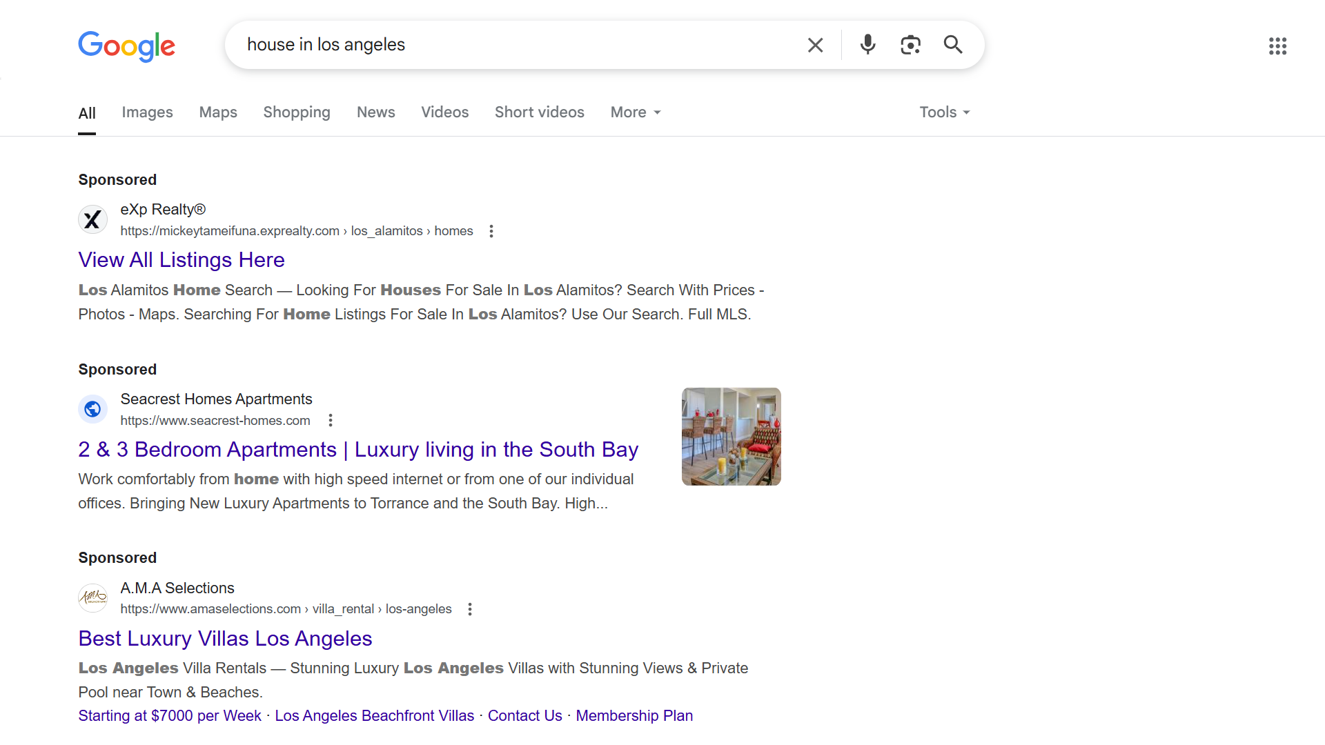 Google search results for "house in los angeles."