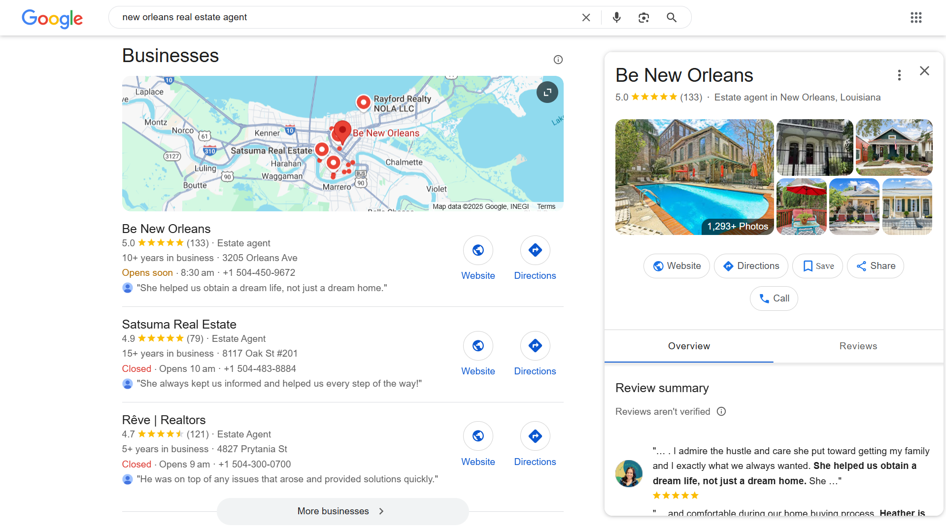 Google search results for a New Orleans real estate agent.