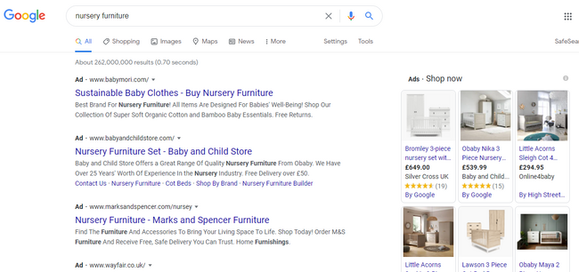Google advertising ideas - Search Ad Campaigns Searching for nursery furniture under google advertising ideas strategy