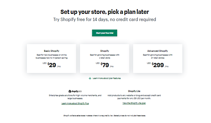 shopify pricing