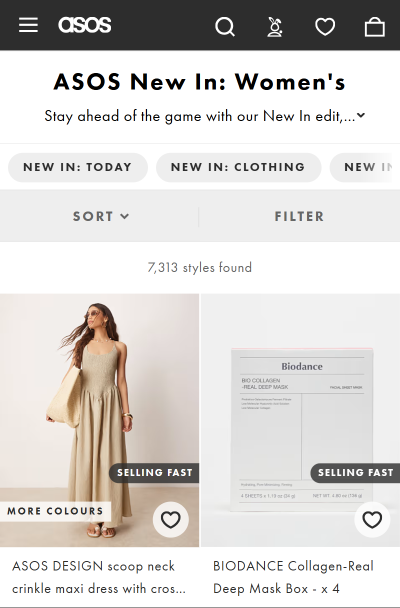 ASOS website mobile view of category pages. 