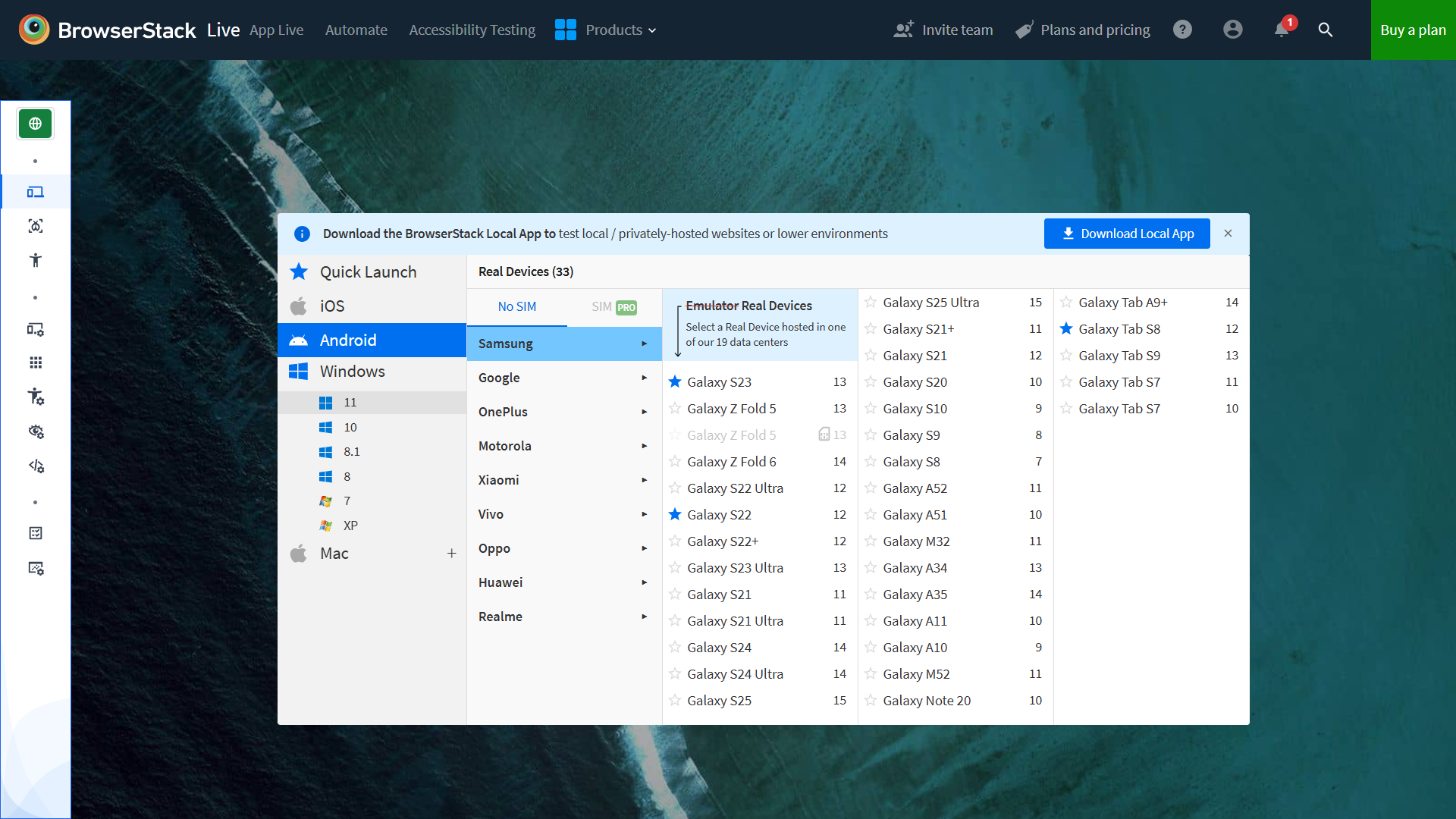 BrowserStack platform showing options for Android testing. 