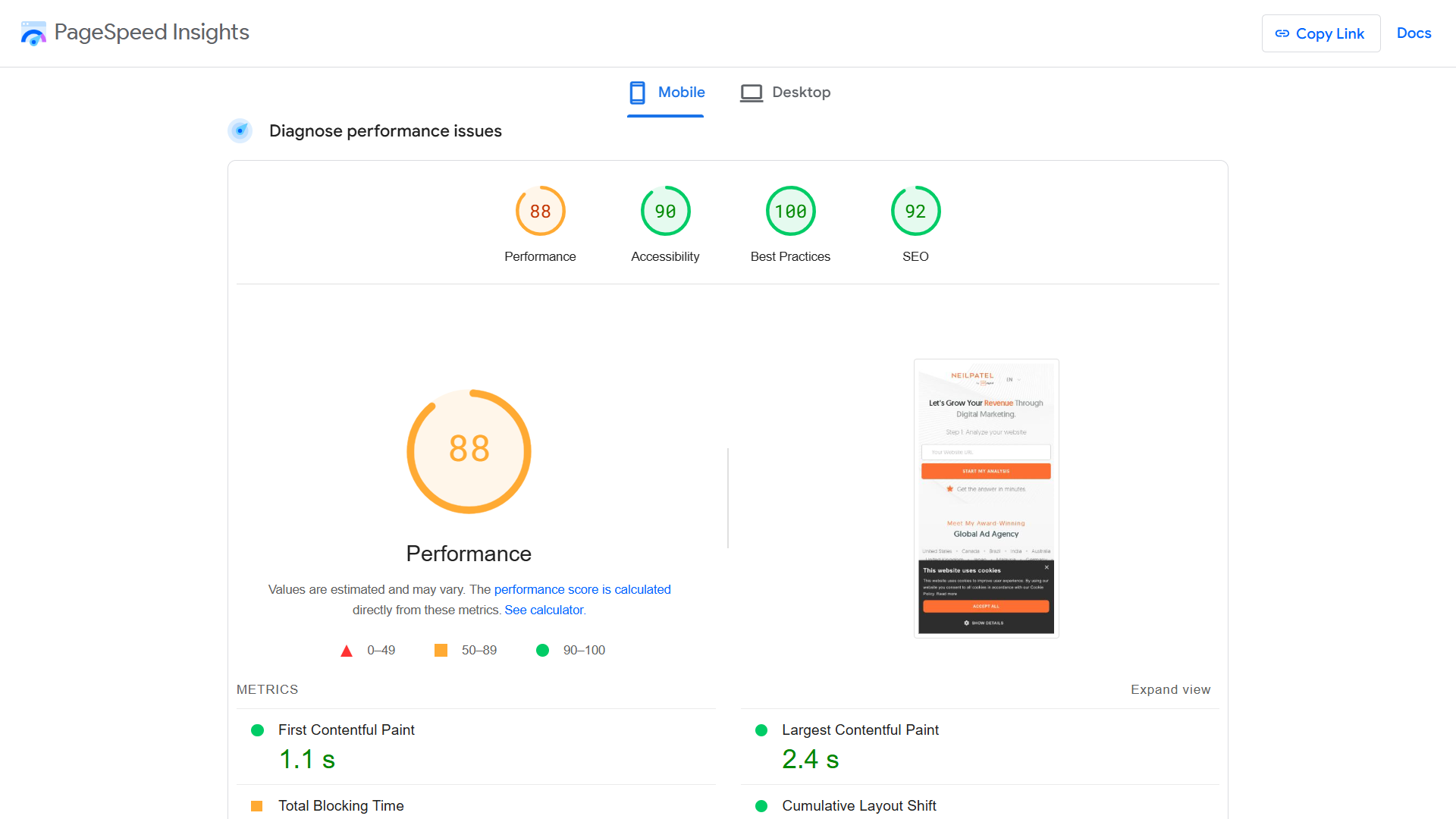 PageSpeed Insights performance metrics for a mobile site. 