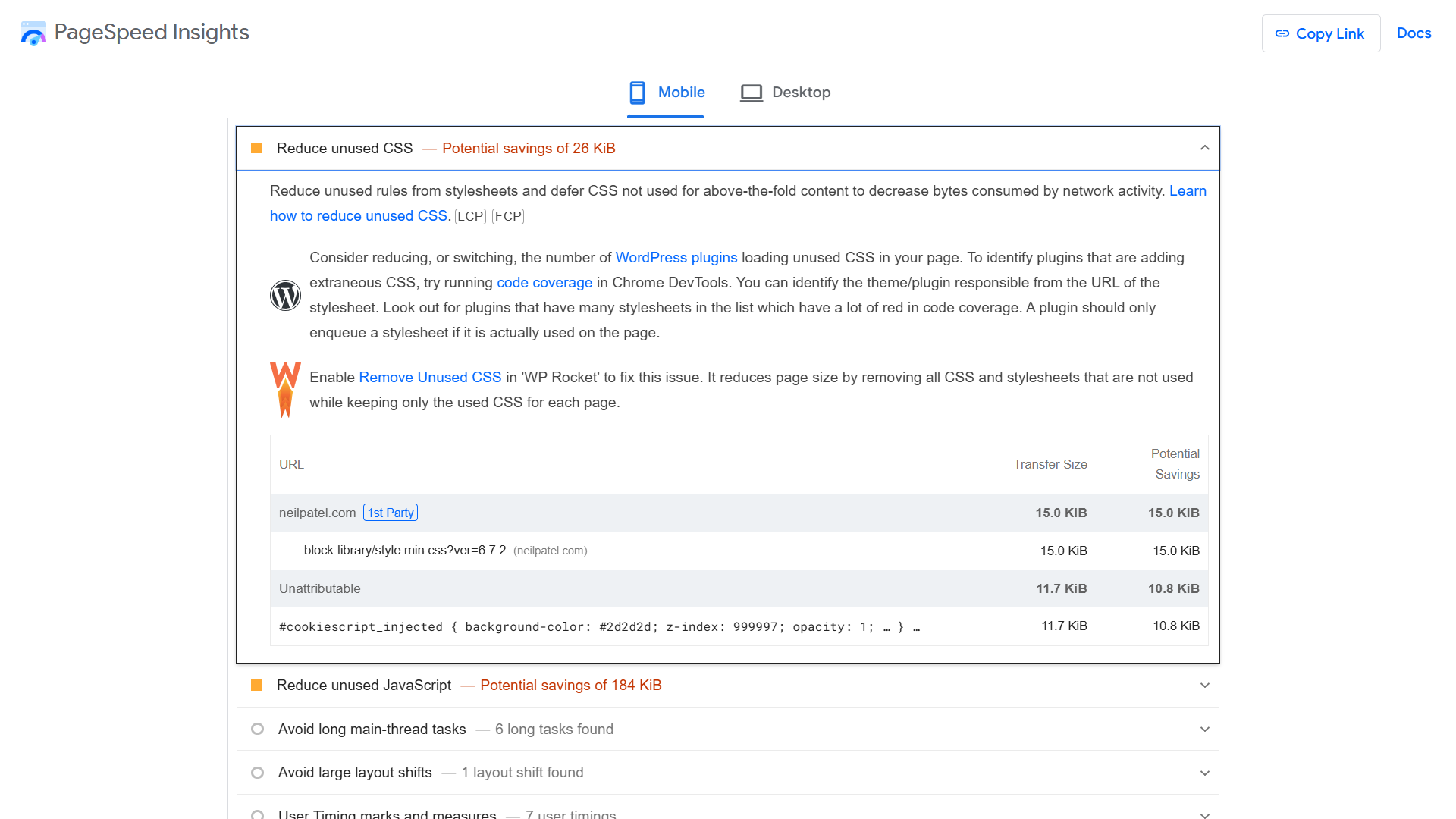 PageSpeed Insights WordPress suggestions list. 