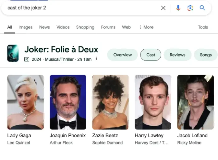 A google search for Cast of The Joker 2.