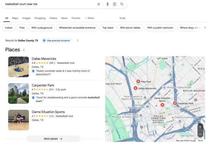 A local pack SEO result for basketball court near me.
