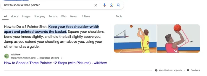 A featured snippet for "how to shoot a three pointer."