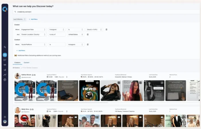 The CreatorIQ discovery dashboard showing filters for finding influencers.