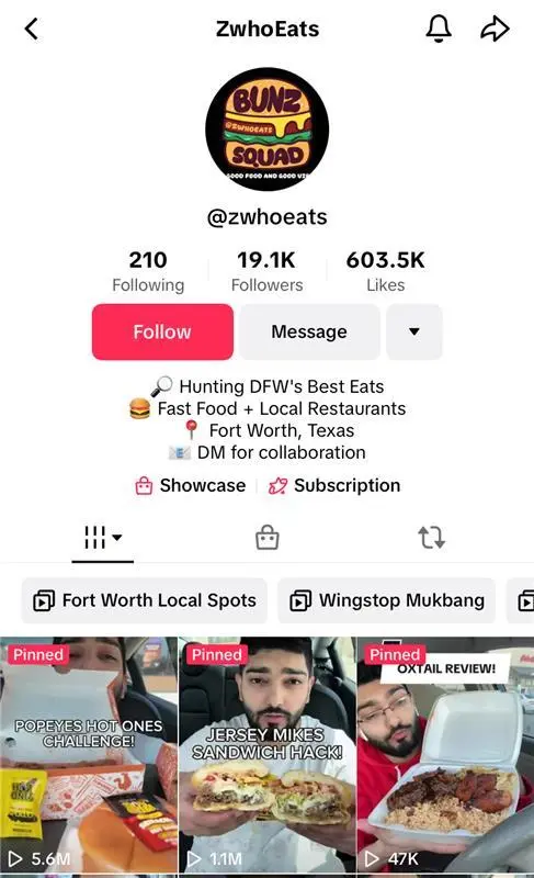 TikTok creator @zwhoeats’s profile. It shows the creator’s username, 19.1K followers, and 603.5K likes. The bio highlights local food content in Fort Worth, Texas.