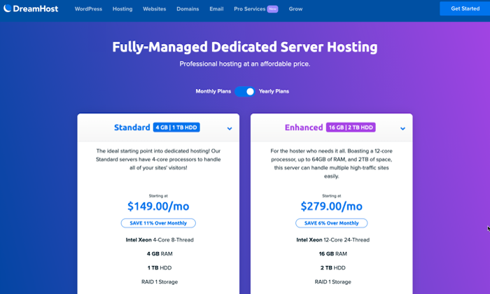 DreamHost pricing page for Best Dedicated Hosting
