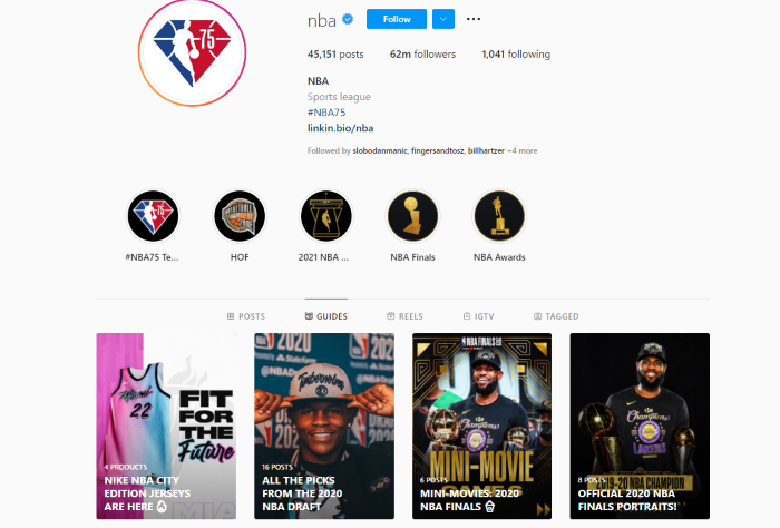 instagram guides example from NBA sharing recent news