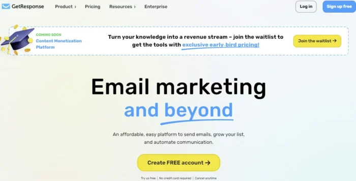 The Getresponse homepage.