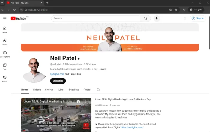 Neil Patel's YouTube channel in Incognito mode