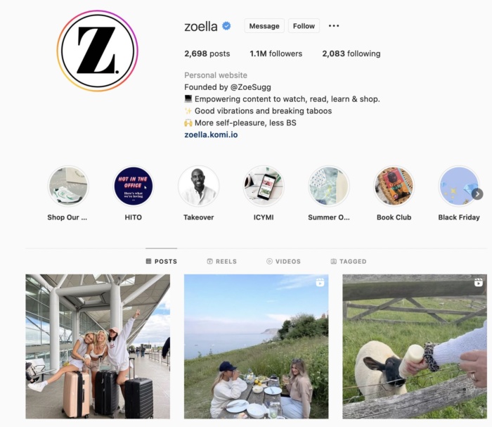 Instagram Influencer Zoella's page.