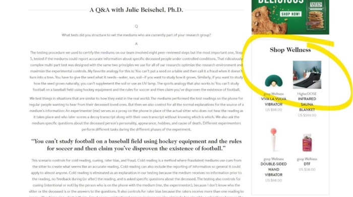 A screenshot of goop's website with a yellow highlighter circling the words "Shop Wellness."