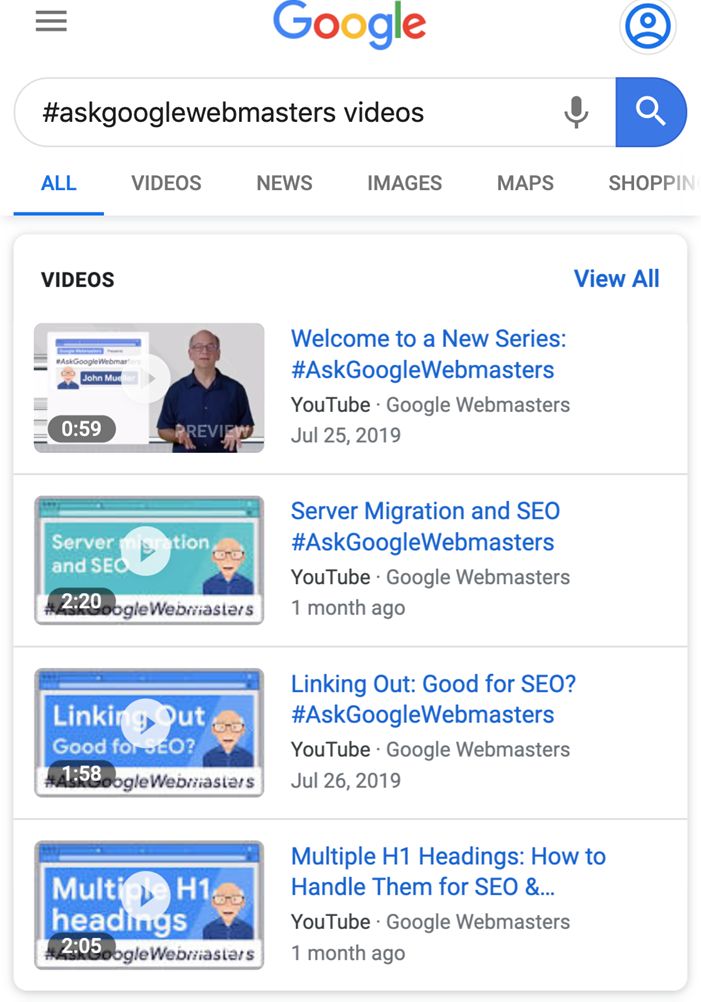 Google search results for google web masters videos. 