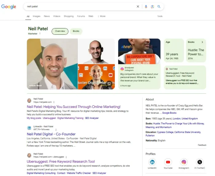 Results of a Google search for Neil Patel.