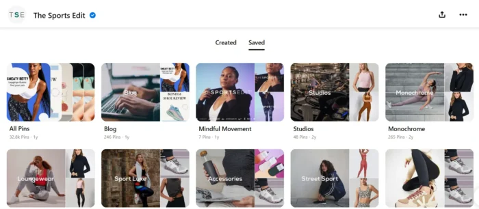 A screenshot of The Sports Edit Pinterest account showing a blog board