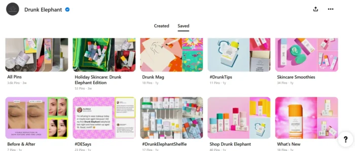 A screenshot of Drunk Elephant saved Pinterest boards