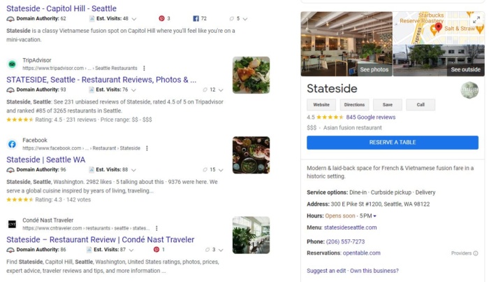 Google business profile for a restaurant.