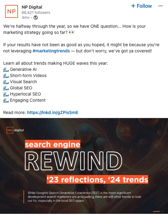 A Linkedin post on the search engine rewind.