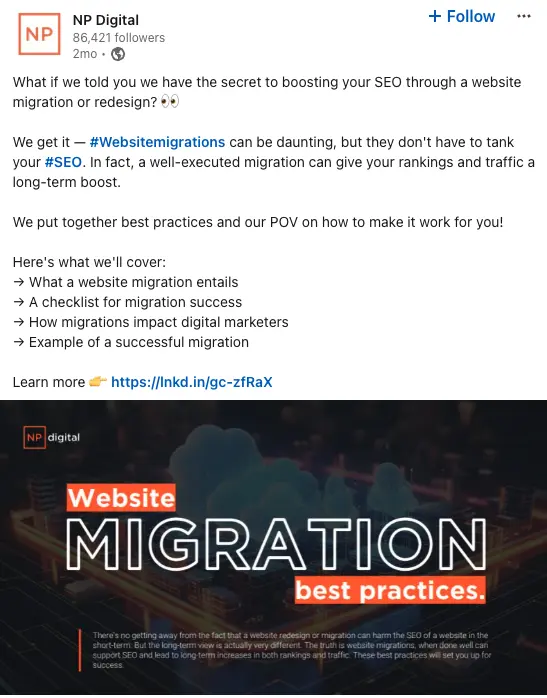 A Linkedin post on NP Digitals' Web Migration asset.