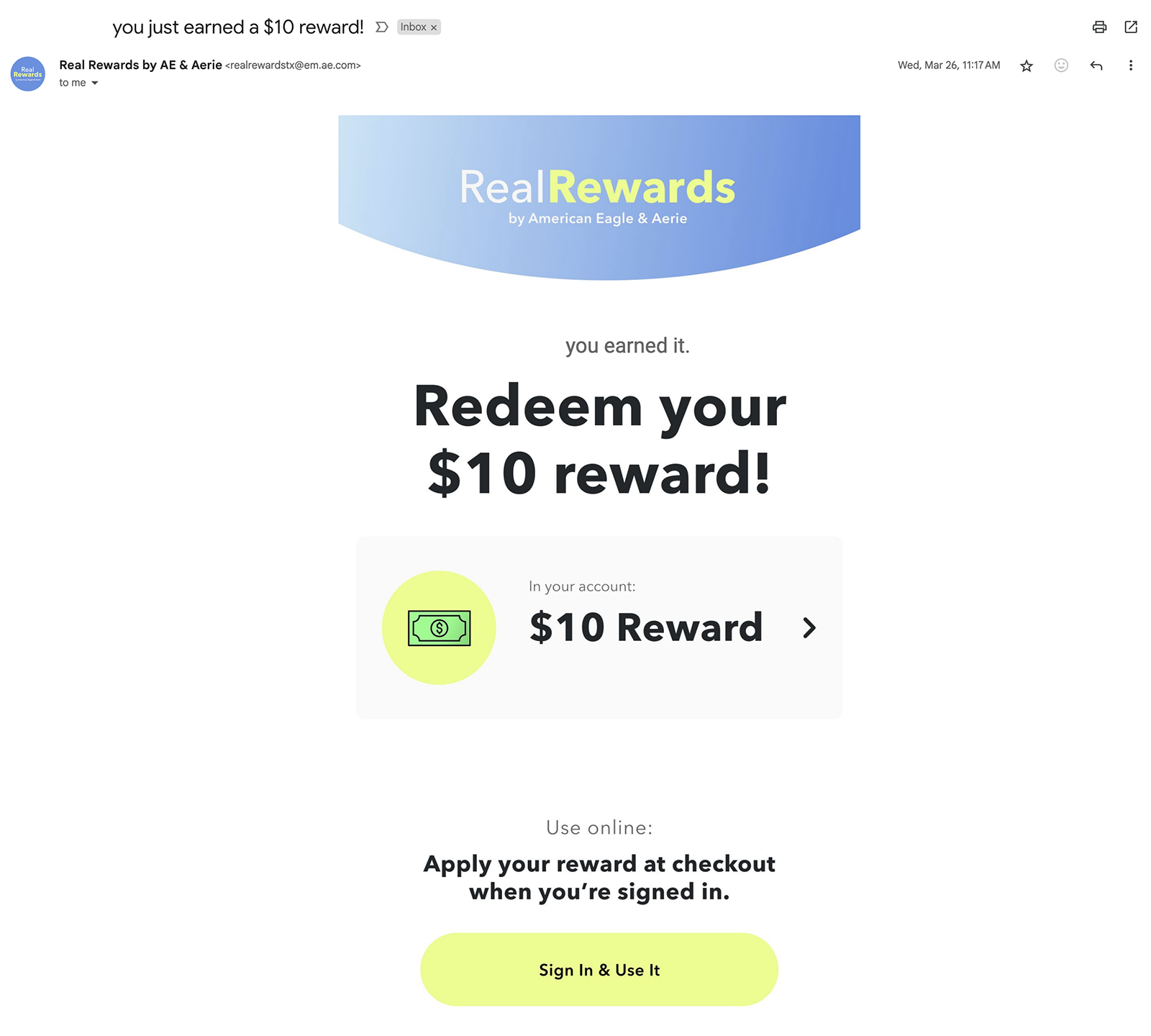 Reward email from Aerie & AE. 